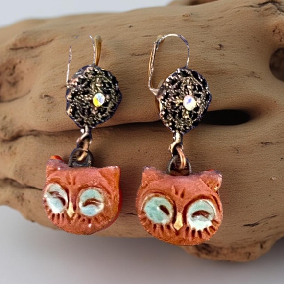 Handmade Owl earrings with rhinestones  Handcrafted NWT - Picture 8 of 10